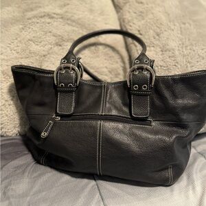 Tignanello Black Leather Shoulder Bag with Silver Buckle Hardware